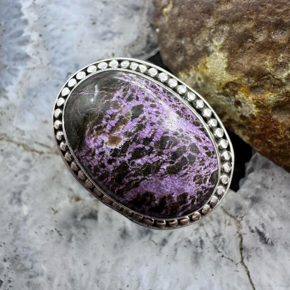 Sterling Silver Southwestern Style Oval Purpurite Decorated Ring Sz 8 For Women - Picture 1 of 10